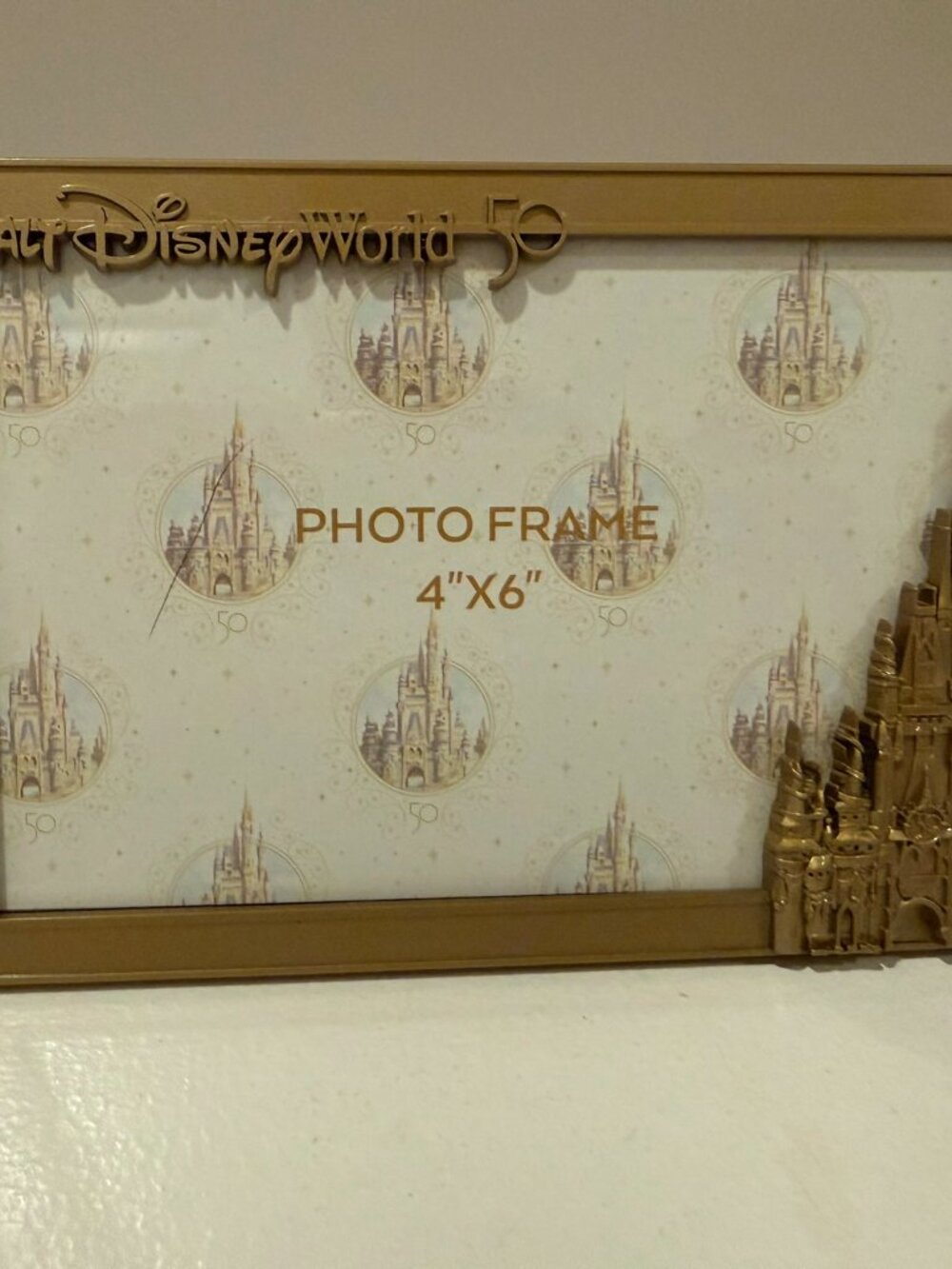Walt Disney World 50th Anniversary Gold Metal & Glass Photo Frame 4 x 6